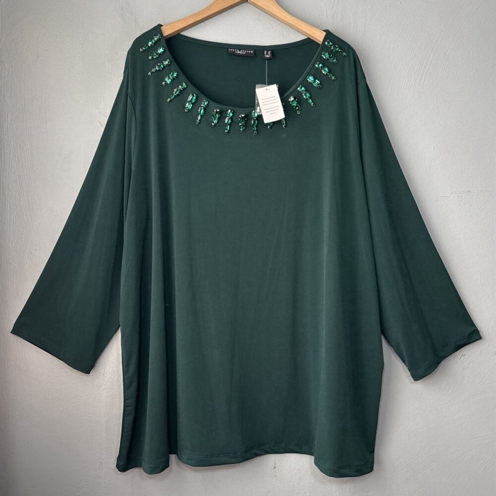 Susan Graver Artisan Top Plus Size 3X Green Liquid Knit Jeweled Emerald Glam